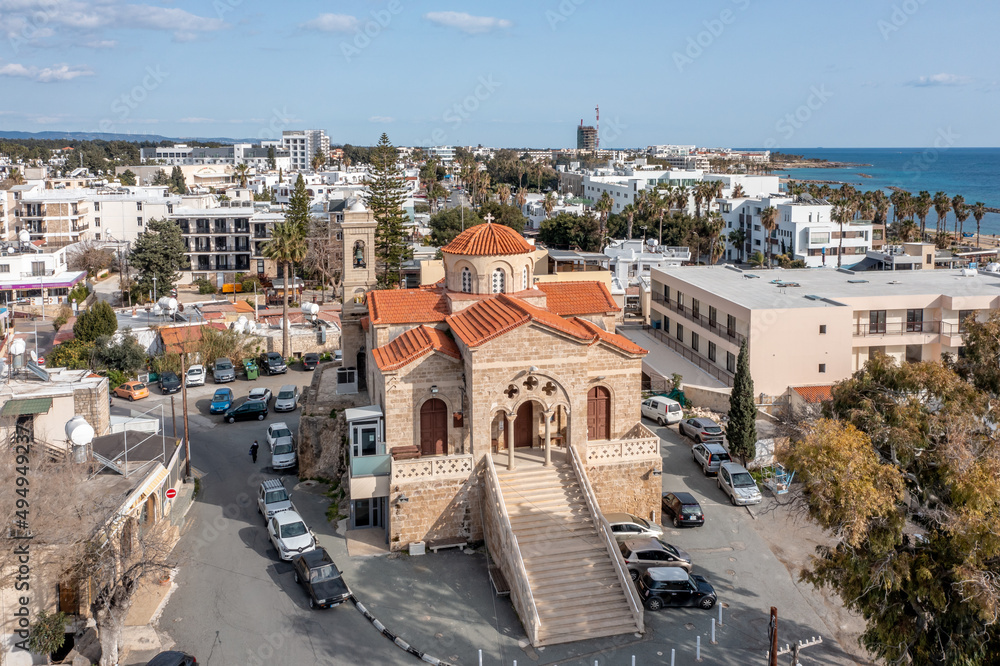 Cyprus - Orthodox church and Paphos city from drone view