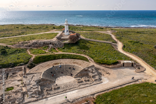 Cyprus - Archaeological Site of Nea Paphos with an lighthouse from drone view, Archaeological Park of UNESCO