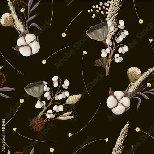 Seamless pattern with dried autmn flowers. Vector.