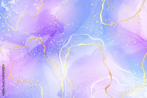 Violet lavender liquid watercolor marble background with golden lines. Pastel purple periwinkle alcohol ink drawing effect. Vector illustration design template for wedding invitation, menu, rsvp