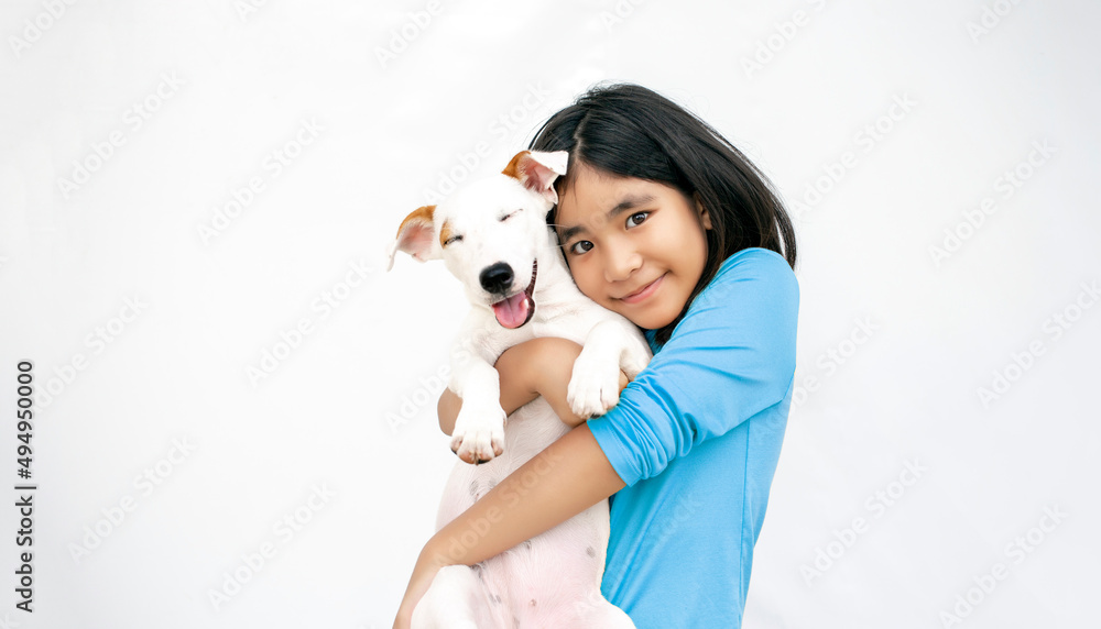 love together kid and puppy dog on white isolated love together kid and puppy dog on white isolated