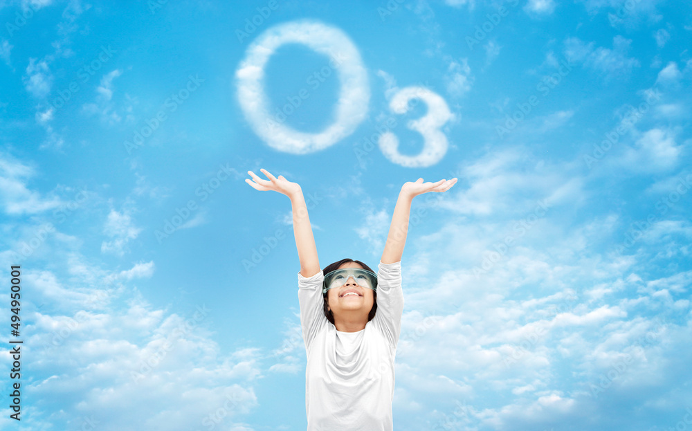 science kid happy fresh air on clear sky with cloud as ozone symbol science kid happy fresh air on clear sky with cloud as ozone symbol