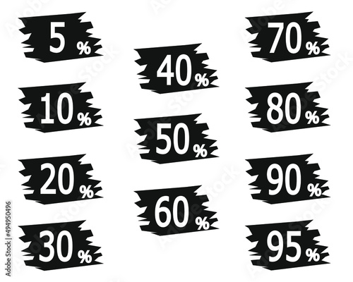 sales tags. discounts of 5, 10, 20, 30, 40, 50, 60, 70, 80, 90 and 95%. vector in black