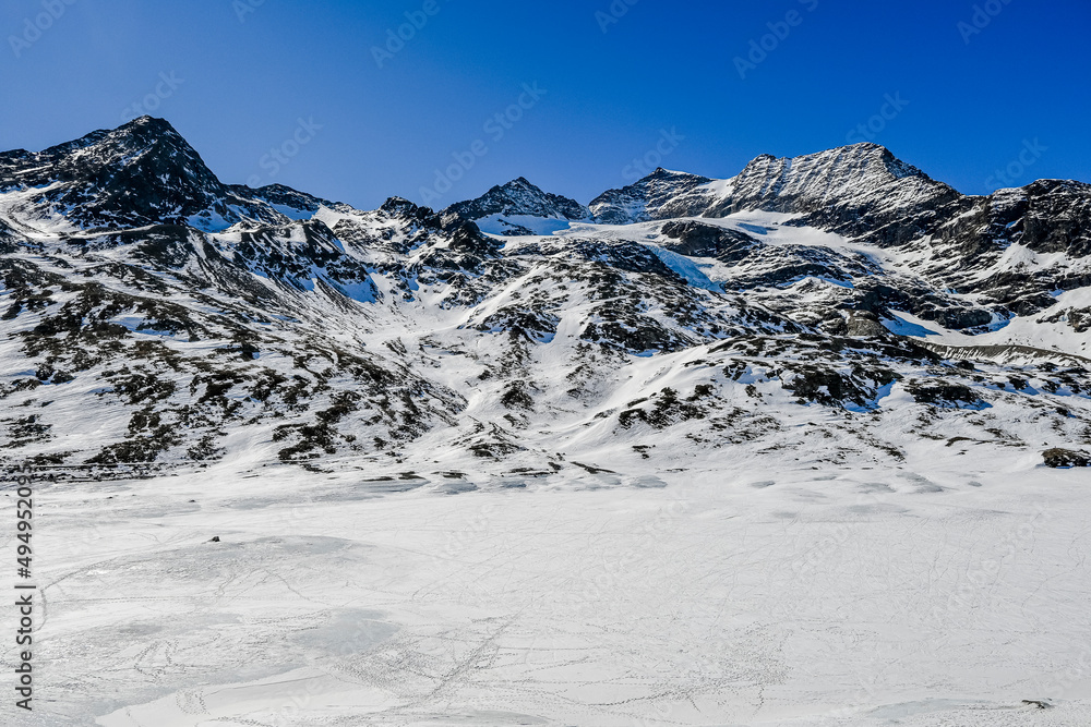 Obraz premium Bernina, Lago Bianco, Cambrena, Gletscher, Alpen, Graubünden, Winter, Schneedecke, Berninaexpress, Berninapass, Zugfahrt, Wintersport, Eis, Stausee, Schweiz