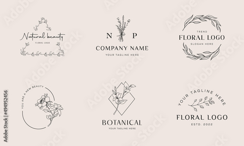 Set of Botanical Floral element Hand Drawn Logo with Wild Flower and Leaves. Logo for spa and beauty salon, boutique, organic shop, wedding, floral designer, interior, photography, cosmetic