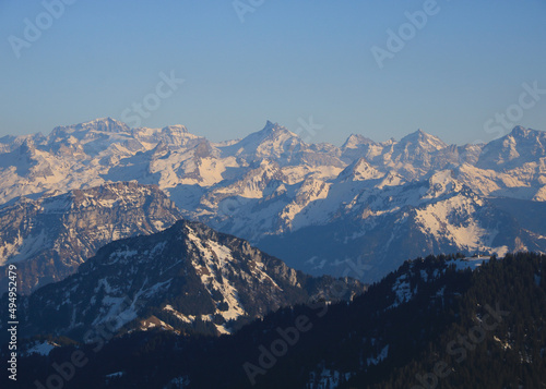 Snow covered mountain peaks seen from Rigi Kulm, Switzerland.