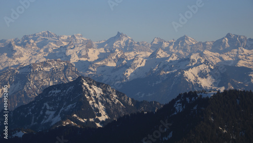 Snow covered mountain peaks seen from Rigi Kulm  Switzerland.