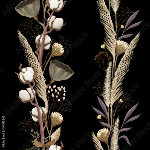 Seamless pattern with dried autmn flowers. Vector.