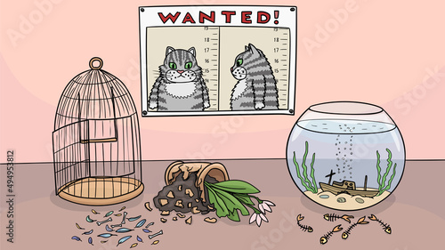 The cat is wanted as a dangerous criminal who committed crimes at home.