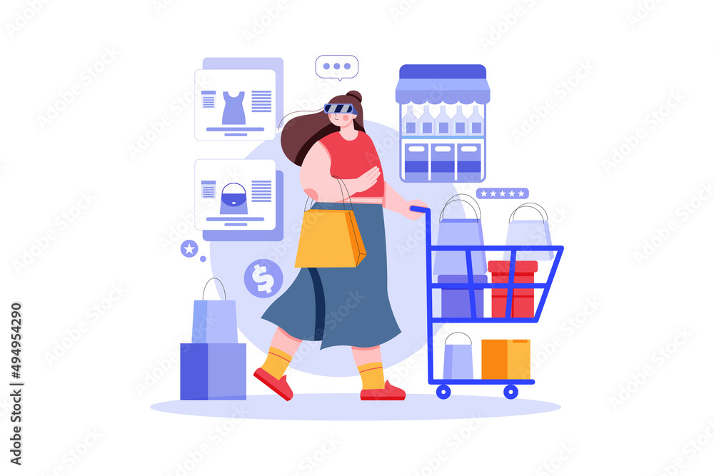 Girl doing Virtual Shopping illustration concept Girl doing Virtual Shopping illustration concept
