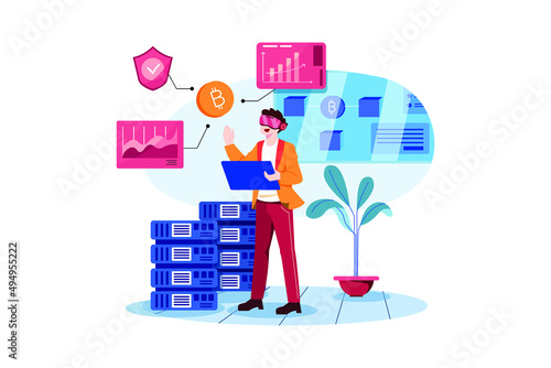 Bitcoin mining using VR illustration concept