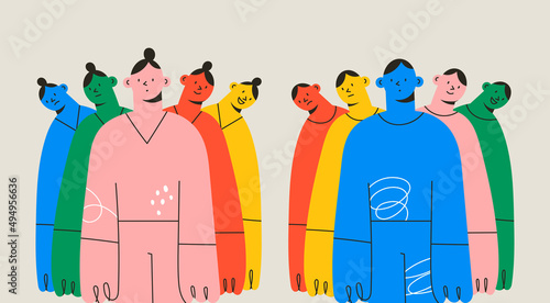Differences of the mood. Various emotions and facial expressions of man and woman. Mental mind, split personality, bipolar disorder, mood swings concept. Hand drawn colorful Vector illustration photo