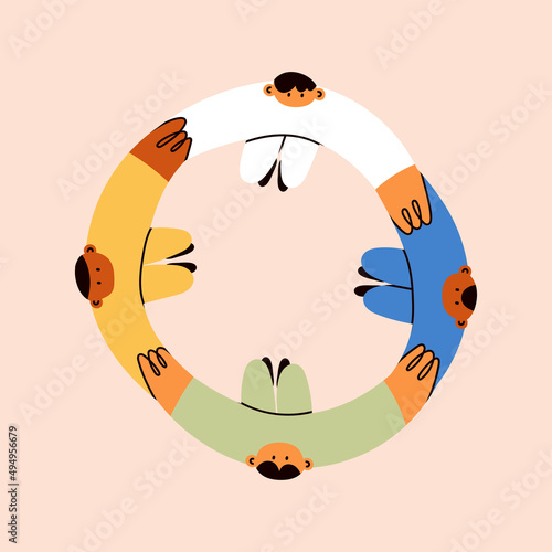 Group of diverse people in a circle embrace and demonstrate cooperation and friendship. Various nations. Hand drawn Vector illustration. Unity, help, friendship, togetherness concept. Cartoon style