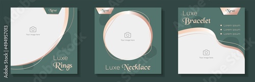 Women's fashion jewelry social media post, banner set, luxe jewelry shop advertisement concept, rings, necklace marketing square ad, abstract print, isolated on background