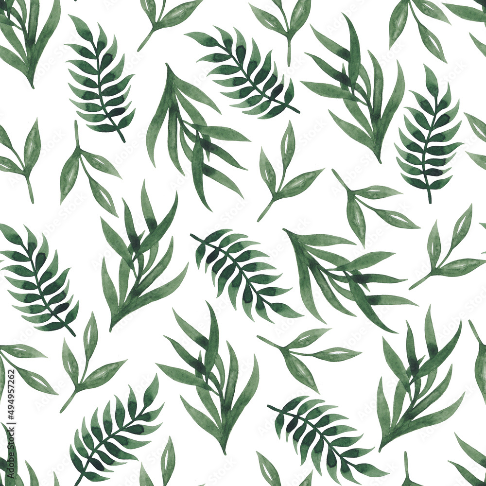 Seamless pattern of green leaves on a white background. Watercolor illustration.