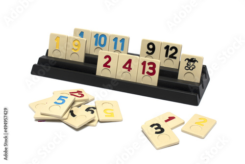 rummy game pieces stacked stand white background