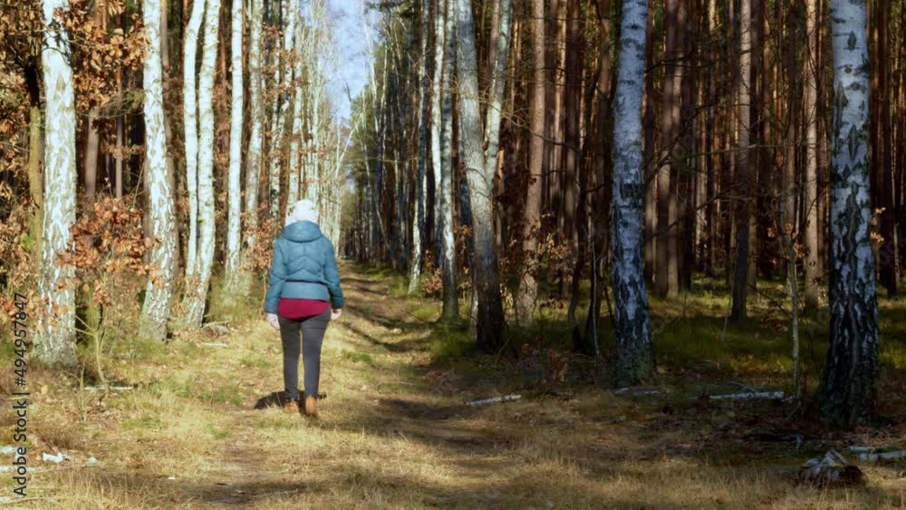 Female person on forest walk in early spring sunny day. Poland, Europe. Female person on forest walk in early spring sunny day. Poland, Europe.