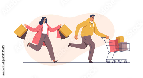 Shopping, seasonal sale, discount coupon. Man with trolley full of purchases and woman with packages. Vector illustration.