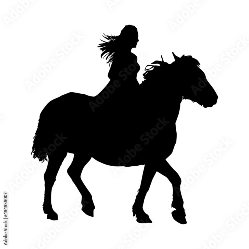 Girl on horse silhouette isolated on white background. Rider on horse. Relaxation horse riding walk. Walk on horseback. Care for pet, stallion or mare. Stock vector illustration