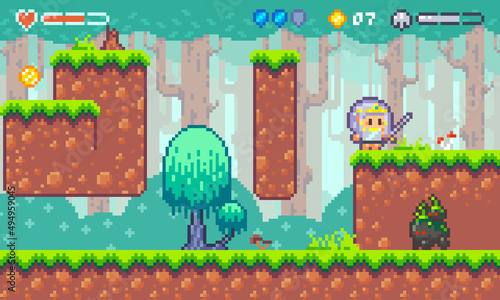 Forest location for a pixel platformer. Mockup includes tileset, seamless parallax background and sprites. The resolution of objects is 16x16 pixels.