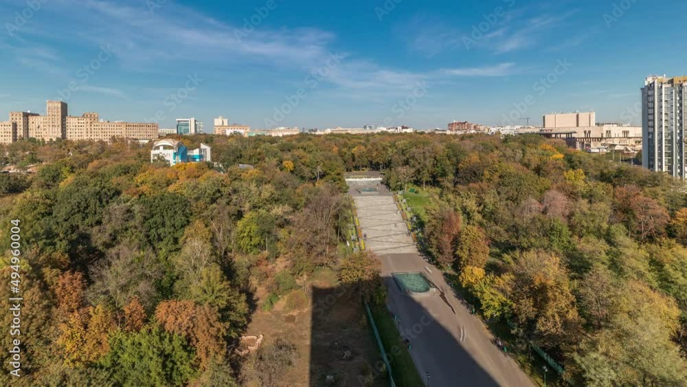 Aerial panoramic view to a staircase with fountains in the Shevchenko Garden timelapse Aerial panoramic view to a staircase with fountains in the Shevchenko Garden timelapse