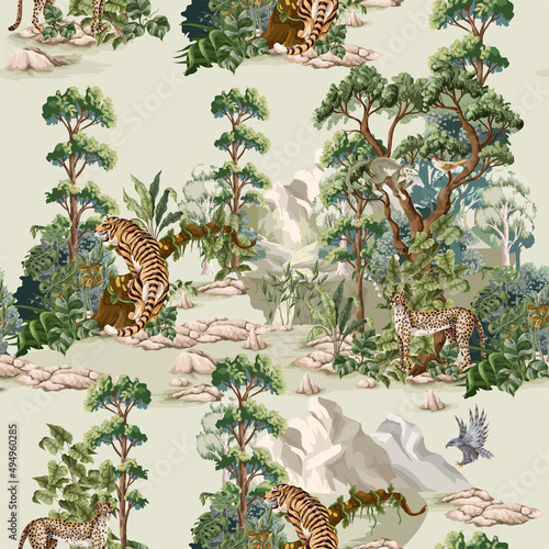 Fototapeta Naklejka Na Ścianę i Meble -  Seamless pattern with jungle and animals. Vector interior print.