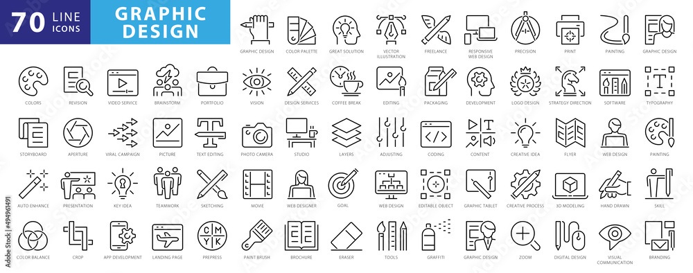 Set of thin line icons of graphic design. Simple linear icons in a modern style flat, Creative Process. Graphic design, creative package, stationary, software and more - obrazy, fototapety, plakaty 