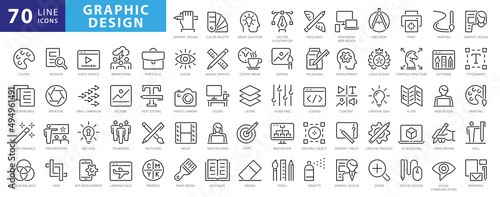 Set of thin line icons of graphic design. Simple linear icons in a modern style flat, Creative Process. Graphic design, creative package, stationary, software and more
