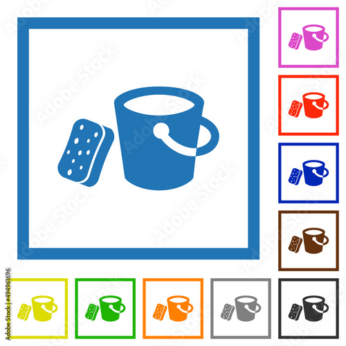 Bucket and sponge flat framed icons
