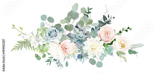 Classic pink rose, white peony, orchid flowers, blue succulent, dahlia, eucalyptus, fern, greenery vector