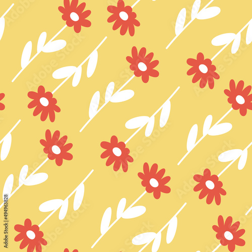 Wallpaper Mural Spring vector red flowers on a yellow background. Seamless floral pattern for fabric. Torontodigital.ca