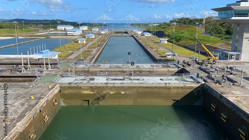 Panama Canal: Timelapse of Agua Clara Locks filling and boat rising. Three new locks with Atlantic Bridge. The Atlantic Locks connect Limon Bay to Gatun Lake, Atlantic to Pacific Oceans. photo