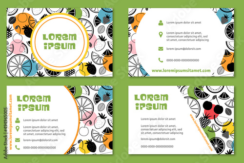 Vector banners of summer fruits with seamless pattern. Design for juices, ice cream, natural cosmetics, sweets and pastries with fruit filling, dessert menu, health products. With place for text.