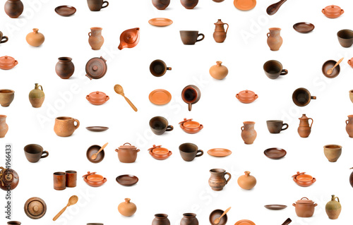 Seamless pattern from various ceramic products isolated on white
