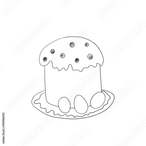 Easter cake isolated on white background. Hand drawn Happy Easter symbol. Paschal cake with candle on plate. Holiday sweet food. Doodle style. Coloring book. Vector stock illustration