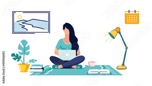 A young girl works in a laptop and studies at home, drinks coffee at work, education. Leisure concept. Student, university, study, people. Flat style cartoon characters. Vector illustration, green