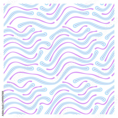 Seamless pattern of scrawl waves with dark blue lines inside waves on white background.