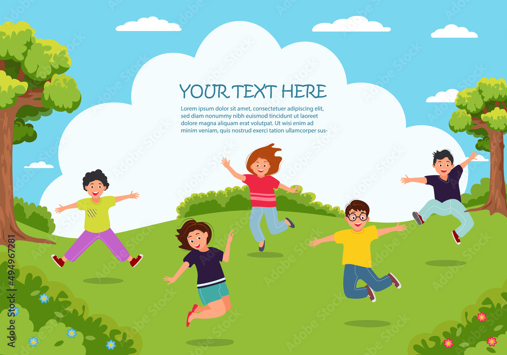 Children's activities. Happy funny children play and jump in the park. Template for advertising brochure. Children's activities. Happy funny children play and jump in the park. Template for advertising brochure.