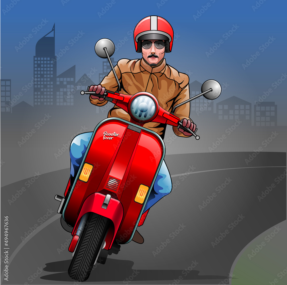 Vector illustration, modified scooter rider with urban atmosphere  background. vector de Stock | Adobe Stock