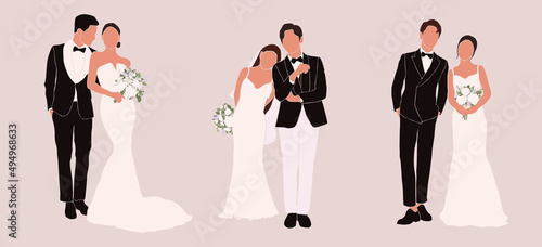 Set of abstract silhouette of wedding couple groom and bride. Woman with bouquet and man portrait. Invitation card. Wedding ceremony. Marriage people vector illustration. Newlyweds poster print decor