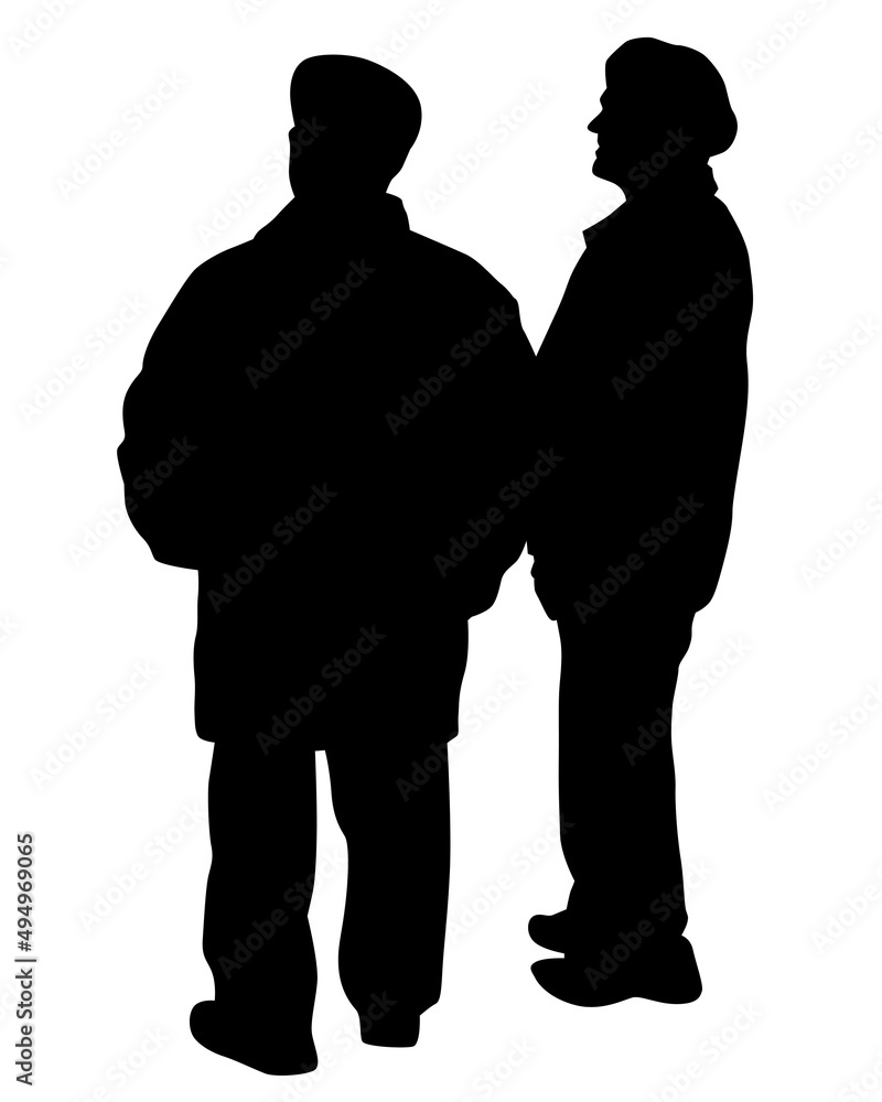 Elderly woman and man with a stick is walking down the street. Isolated silhouette on a white background