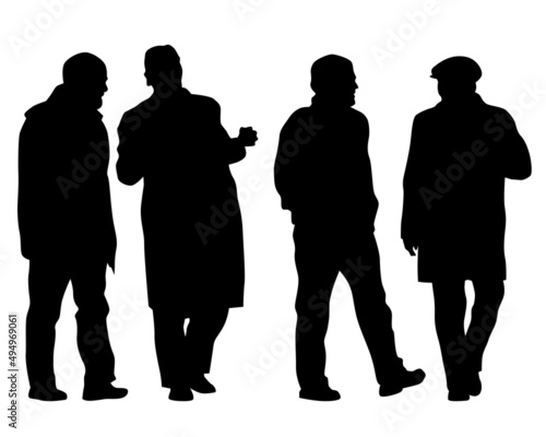 Elderly woman and man with a stick is walking down the street. Isolated silhouette on a white background