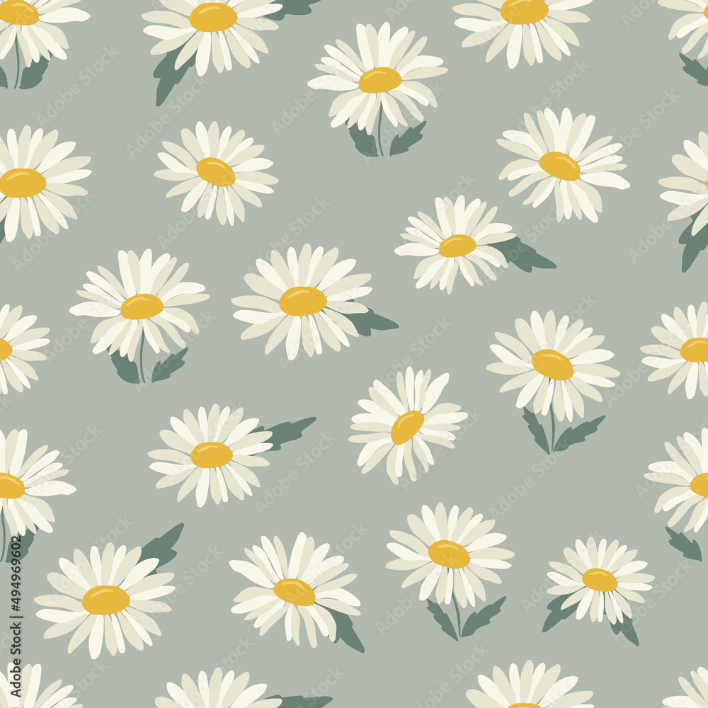 Floral daisy camomile seamless pattern background, vector repeating digital paper for fabric, wallpaper, stationery, textile.