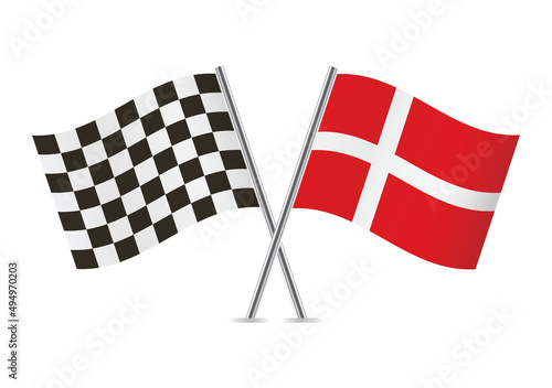 Checkered (racing) and Denmark crossed flags, isolated on white background. Vector icon set. Vector illustration.