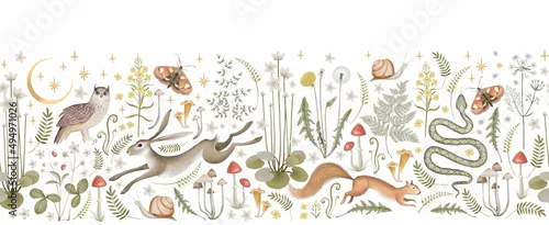 Panel kuchenny z motywem Seamless border fairy forest. Moon, stars, hare, squirrel, owl, flowers and mushrooms on a white background. 