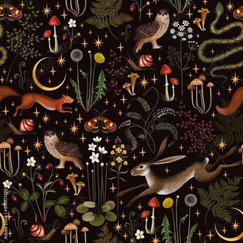 Fairy forest seamless pattern. Moon, stars, hare, squirrel, owl, flowers and mushrooms on a black background. 