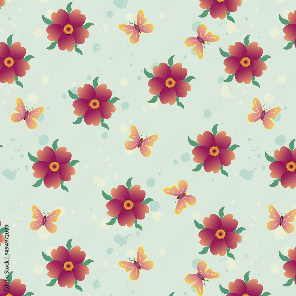 Seamless pattern with flowers and butterflies. Colorful background for textiles or packaging. Vector ornament. Seamless pattern with flowers and butterflies. Colorful background for textiles or packaging. Vector ornament.