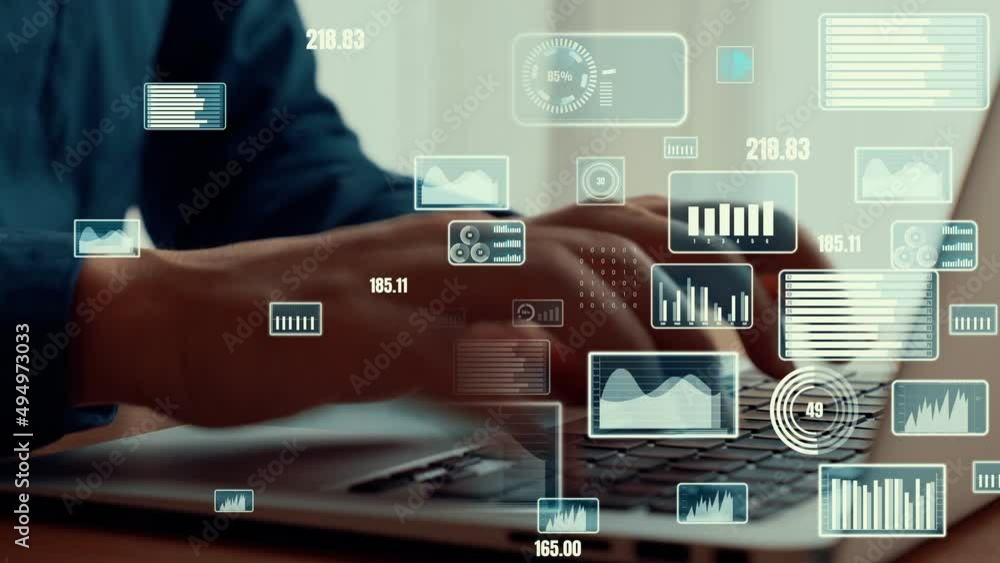 Businessman uses capable laptop computer to analyse business data analytic for marketing strategy and customer relationship management