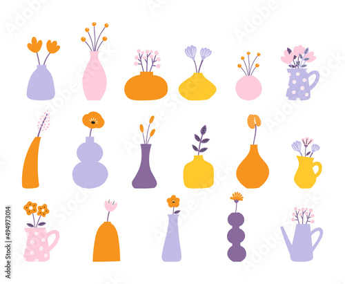 Set of Hand-drawn Flowers in Vases and Jugs Vector Illustrations