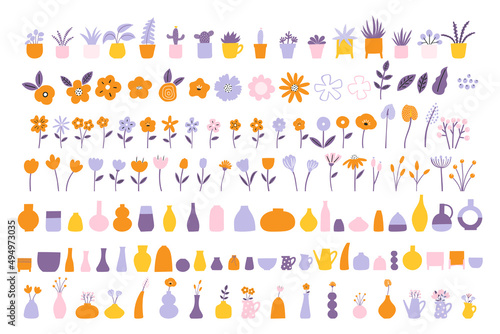 Collection of Hand-drawn Flowers, Leaves, Houseplants, Vases Vector Illustrations